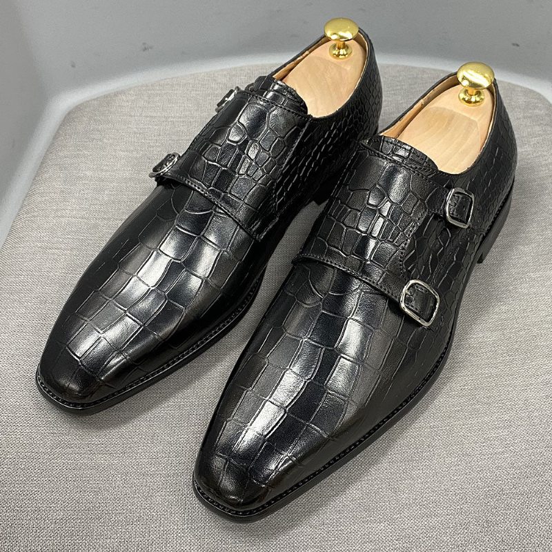 Pánské Společenské Boty Luxusní Crocstride Se Čtvercovou Špičkou Monk Strap - Černá