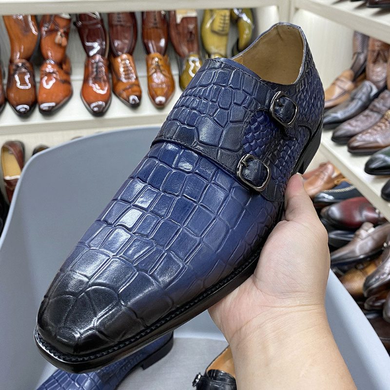 Pánské Společenské Boty Luxusní Crocstride Se Čtvercovou Špičkou Monk Strap - Modrá