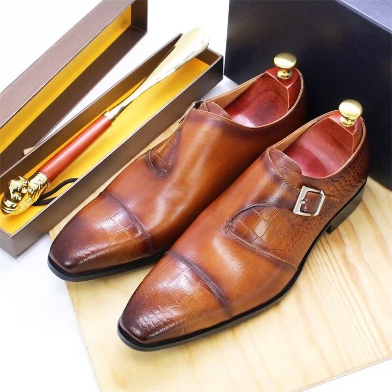 Pánské Společenské Boty Modish Luxury Krokodýlí Vzor Monkstrap - Káva