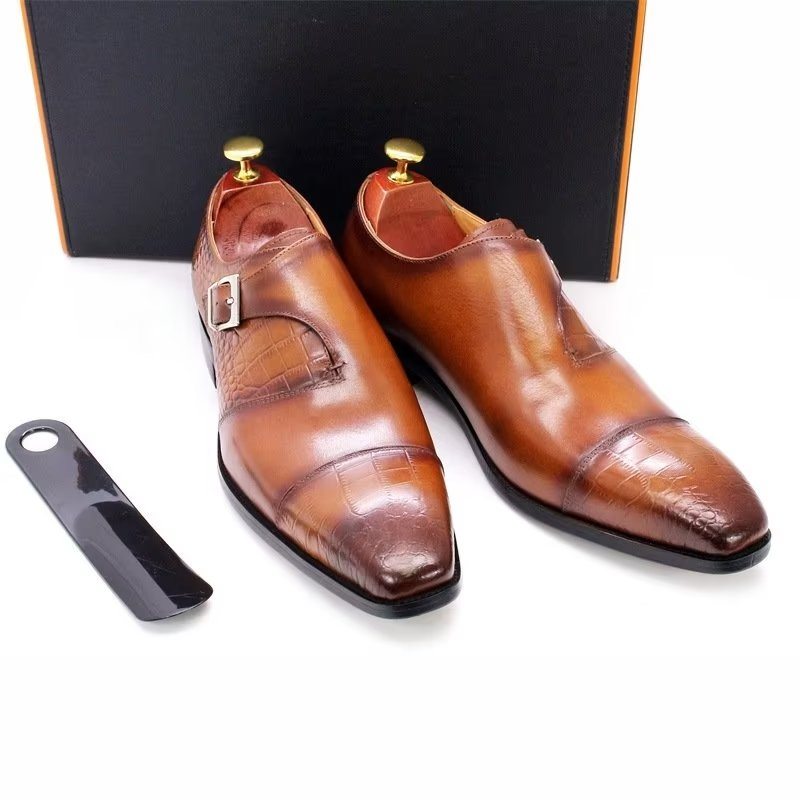 Pánské Společenské Boty Modish Luxury Krokodýlí Vzor Monkstrap - Káva