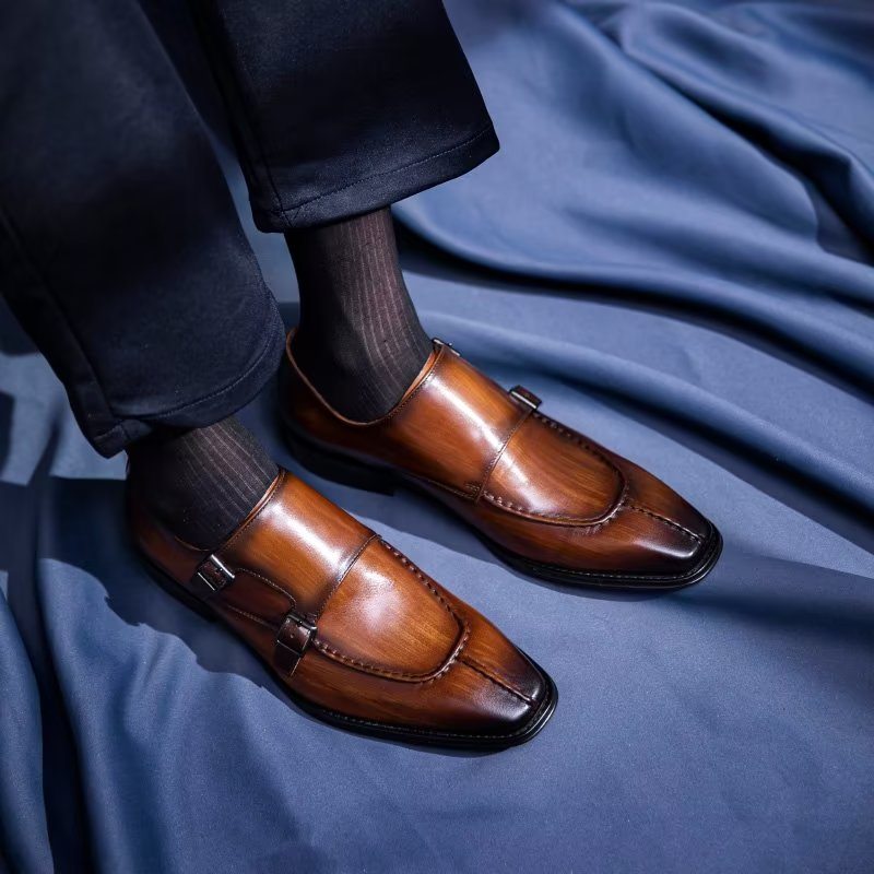 Pánské Společenské Boty Monkstrap Elegantní Z Hovězí Kůže - Káva