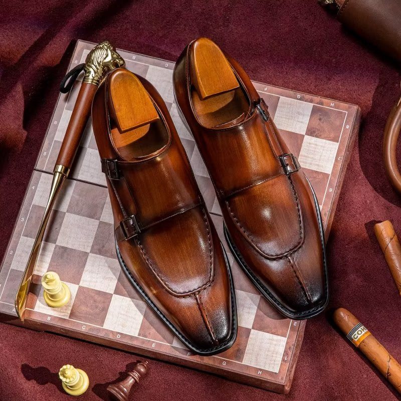 Pánské Společenské Boty Monkstrap Elegantní Z Hovězí Kůže - Káva