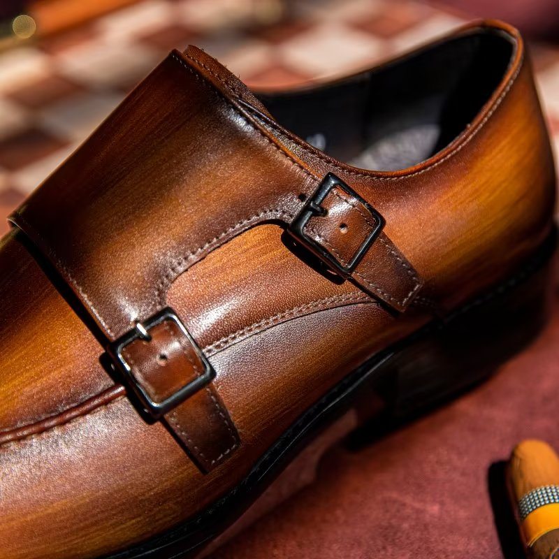 Pánské Společenské Boty Monkstrap Elegantní Z Hovězí Kůže - Káva