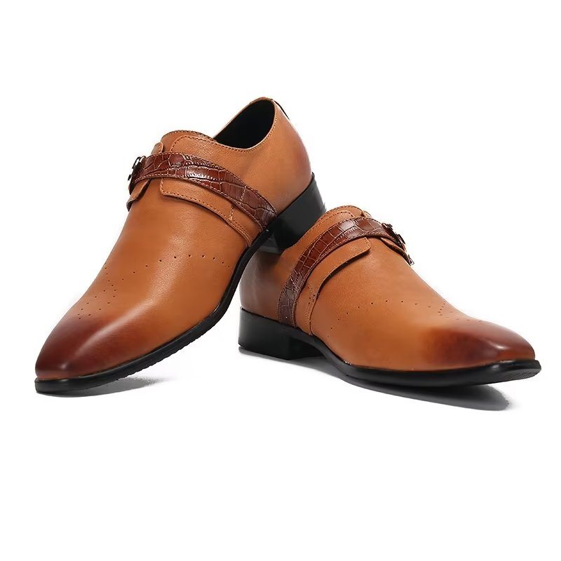 Pánské Společenské Boty Monkstraps Elegantní Nazouváky Z Pravé Kůže - Hnědá