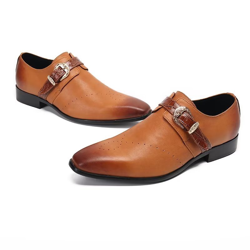 Pánské Společenské Boty Monkstraps Elegantní Nazouváky Z Pravé Kůže - Hnědá