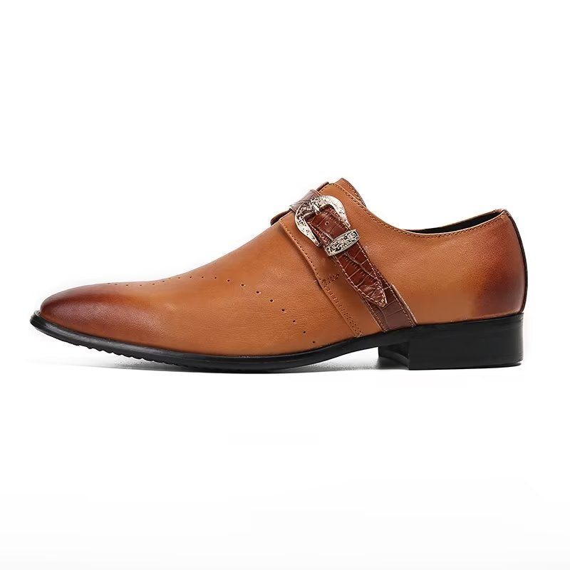 Pánské Společenské Boty Monkstraps Elegantní Nazouváky Z Pravé Kůže - Hnědá