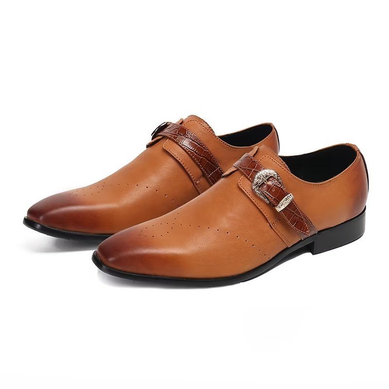 Pánské Společenské Boty Monkstraps Elegantní Nazouváky Z Pravé Kůže - Hnědá