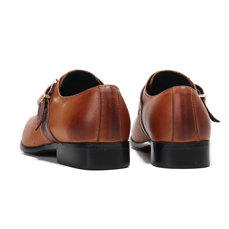 Pánské Společenské Boty Monkstraps Elegantní Nazouváky Z Pravé Kůže - Hnědá