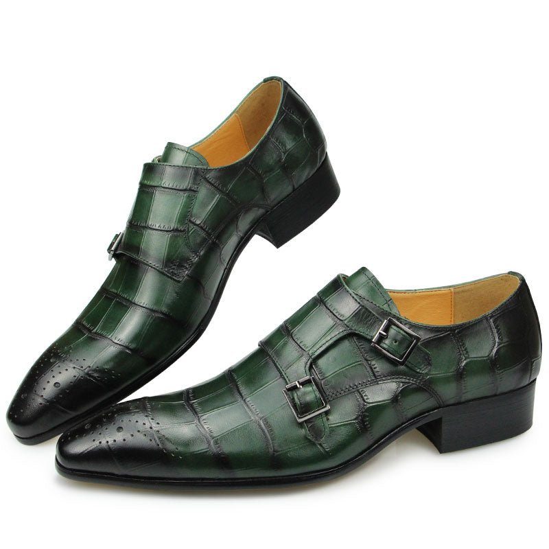 Pánské Společenské Boty Se Špičatou Špičkou Croc S Texturou Monkstrap - Zelená