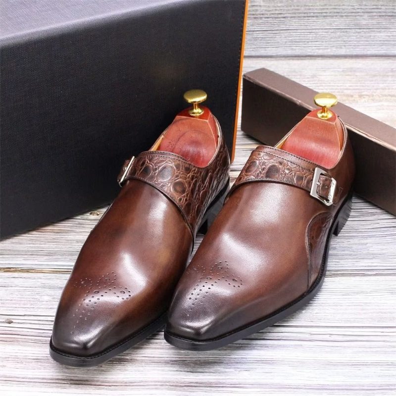 Pánské Společenské Boty Vynikající S Vyraženým Vzorem Croc Monkstraps - Káva