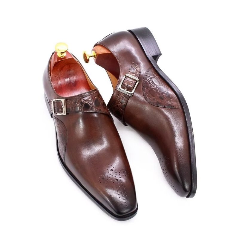 Pánské Společenské Boty Vynikající S Vyraženým Vzorem Croc Monkstraps - Káva