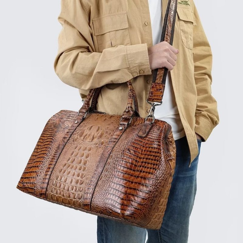 Pánské Tašky Přes Rameno Klasický Crocodile Leather Travel Duffle - Káva