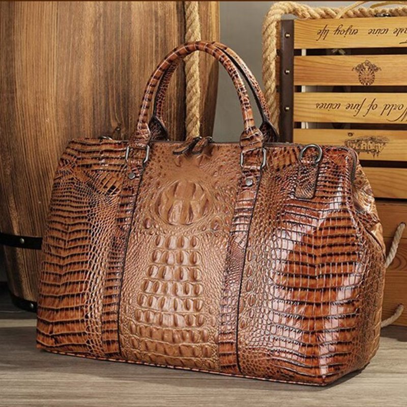 Pánské Tašky Přes Rameno Klasický Crocodile Leather Travel Duffle - Káva