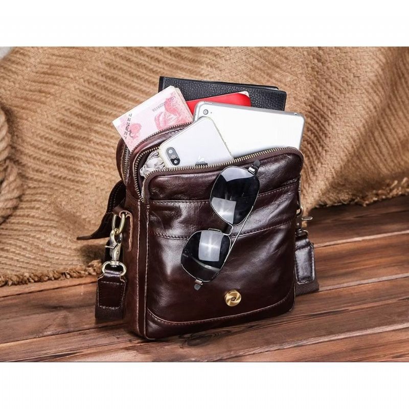 Pánské Tašky Přes Rameno Luxusní Taška Crossbody Messenger Collection Crazy Horse Rugged - Káva