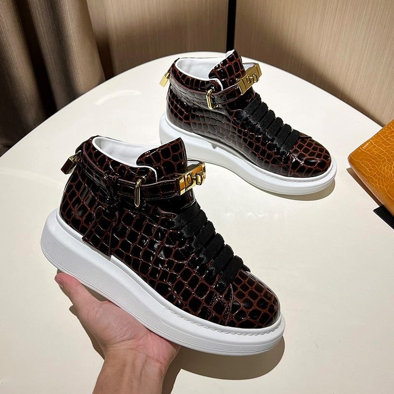 Pánské Tenisky Luxusní Designové Crocemboss High Top - Káva